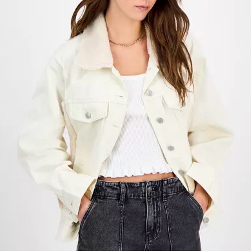 Classy Madden Girl Cream Sherpa-Collar Denim ivory Jacket